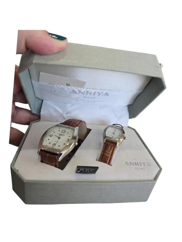Anriya Milan Mens Womens Matching Watch Set Brown Leather Bands Vintage - Image 4