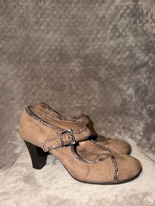 Aerosoles Water Roll Taupe Comfort Pump Mary Jane Snakeskin Trim Suede Heels - Image 3
