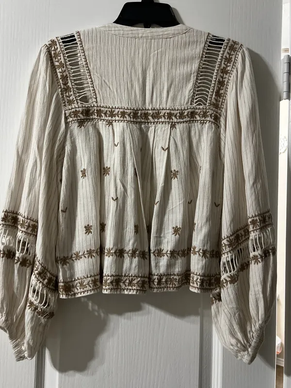 Free People Cream Boho Embroidered Peasant Blouse with Tan Accents - Image 6
