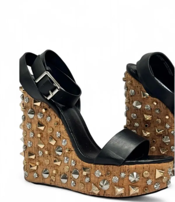 Steven Madden Black Leather Studded Wedge Sandals with Tan Wrapped Platform … - Image 2