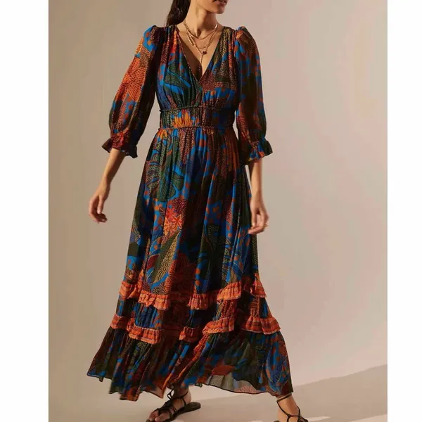 Anthropologie x Farm Rio Puff Sleeve Maxi Dress Size Small - Image 8