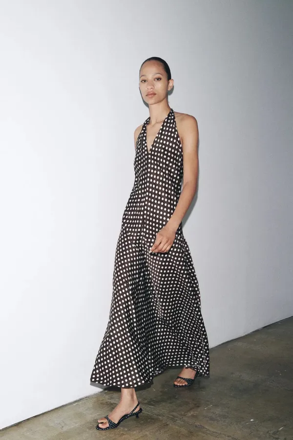 Zara Elegant Brown and White Polka Dot Halter maxi flowy Dress - Image 15