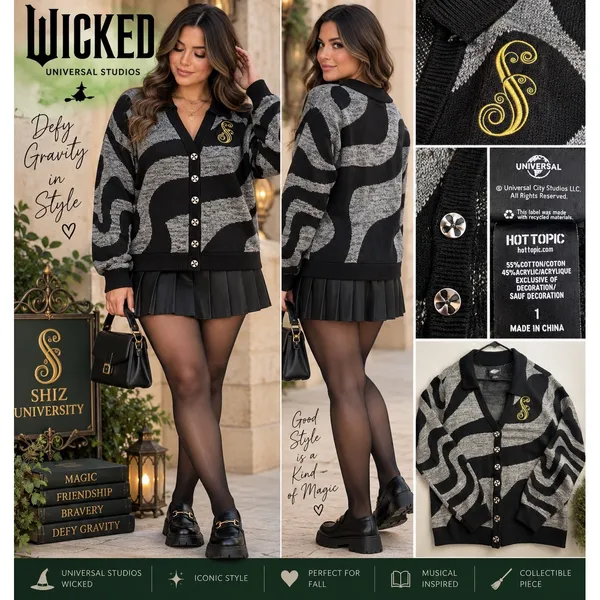 Wicked Universal Studios Hot Topic Shiz University Cardigan Sweater Black Grey 1 - Image 2