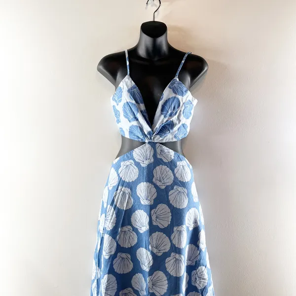 Abercrombie Julia Cutout Tie Back Shell Print Linen Blend Maxi Slip Dress Blue - Image 3