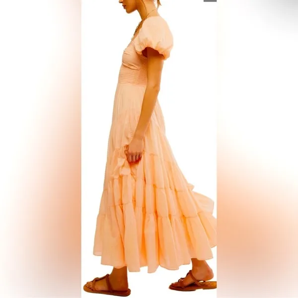 NWOT FREE PEOPLE Sundrenched Smocked Puff Sleeve Maxi Dress color orange sz S - Image 4