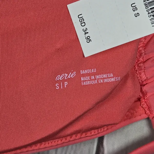 Aerie Bandeau Bikini Top Coral‎ Pink Ruched Tie Front Adjustable Straps Size S - Image 4