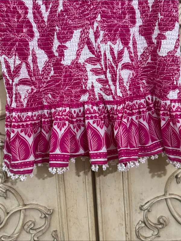 Farm Rio Tropical Woodcut Dress Pink Floral Appliqué Lace Resort Wear Smocked L - Image 8