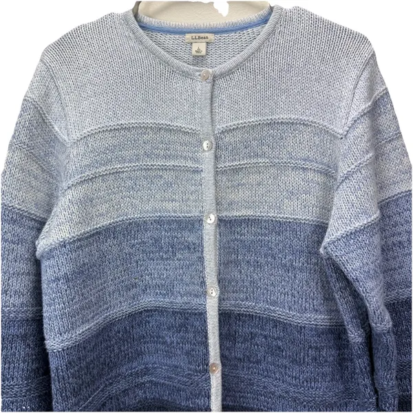 LL Bean Blue Ombré Stripe Chunky Knit Button‎ Cotton Cardigan Sweater LARGE - Image 3