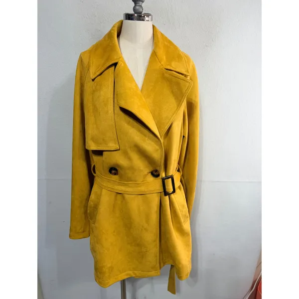 Marc New York Trench Coat Faux Suede Belted Double Breasted M Mustard Yellow - Image 2