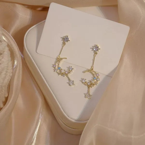Elegant CZ Moon Dangle Drop Earrings for Women - Image 3