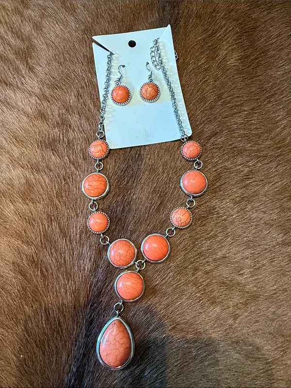 NWT Boutique Peach & Silver Southwestern Y-Necklace & Earring Set - Image 2