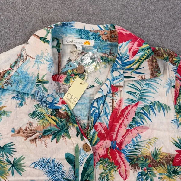 C&C California Women's Medium Tropical Button Up Shirt Linen Blend Short Sleeve - Image 3