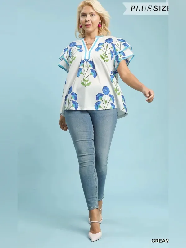 New! Umgee Plus Cotton Cream Floral Popover Top with Blue Accents Size 1X - Image 3
