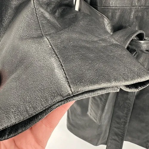 Wilsons Leather Trench Coat Womens XL Black Belted Thinsulate Zip Out Liner Y2K - Image 5
