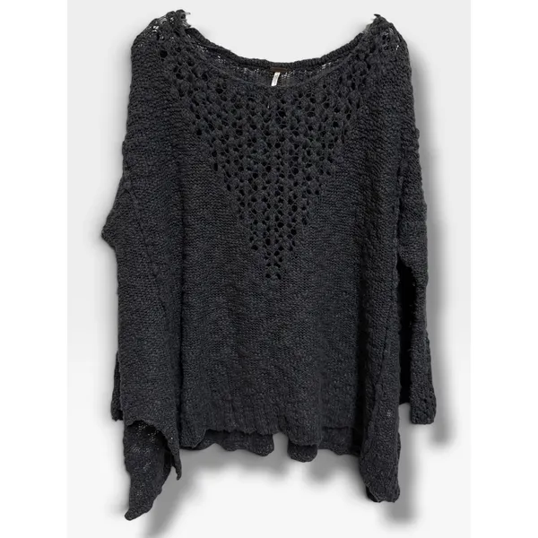 Free People Pretty Pointelle Vee Sweater Small Charcoal Oversized Open Knit - Image 3