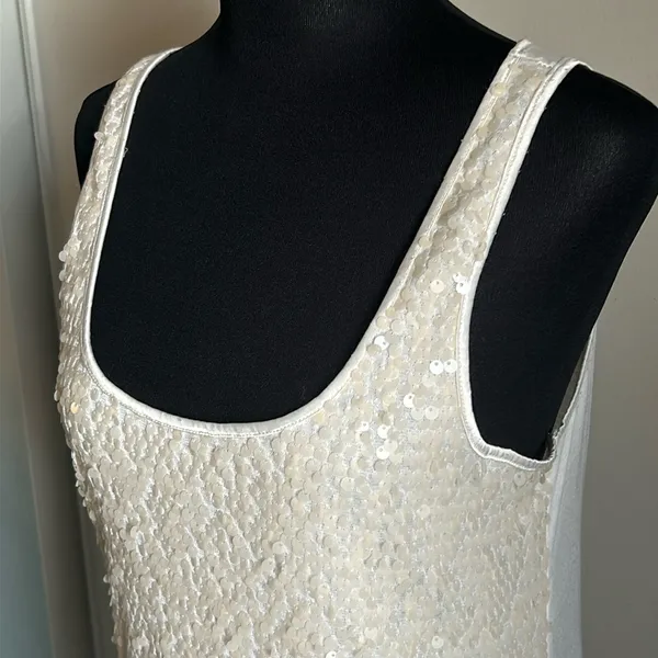 Express Dressy Women’s Ivory Translucent Sequin Long Scoop Neck Tank Top - Image 6