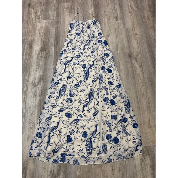 Abercrombie & Fitch Blue White Peacock Toile Maxi Dress XL Lace Up Back Slit - Image 4