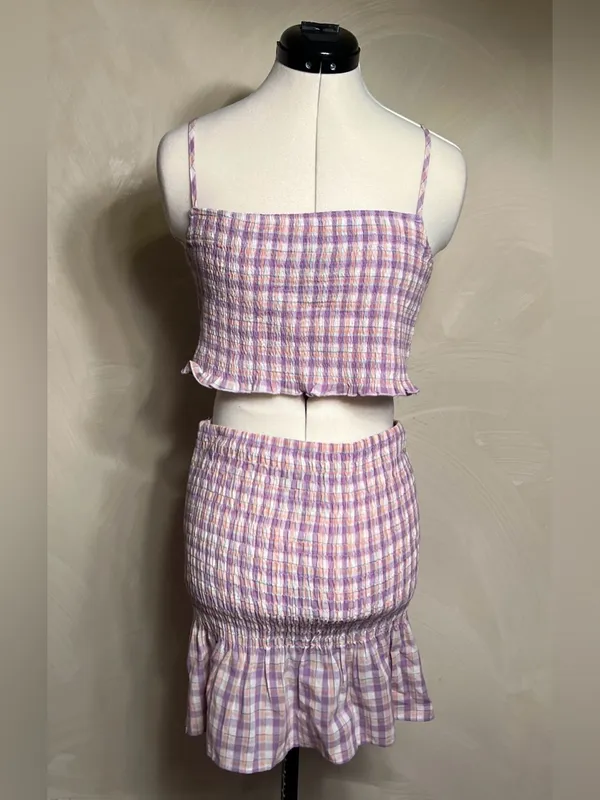 Timing Women’s Smocked Lilac Plaid/Gingham Babydoll Skirt & Top Matching Set|LRG - Image 16