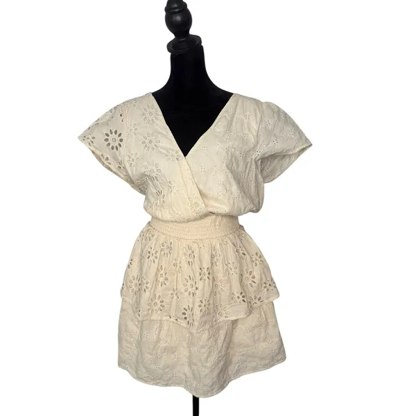 AE Cottagecore BOHO Eyelet Lace Ruffle Tiered Smocked Wrap Mini‎ Dress Size M - Image 9
