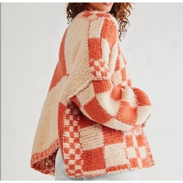 Free People Aldrin Cardi XS/S Oversized Orange Cream Checkered Tennessee Vols - Image 2
