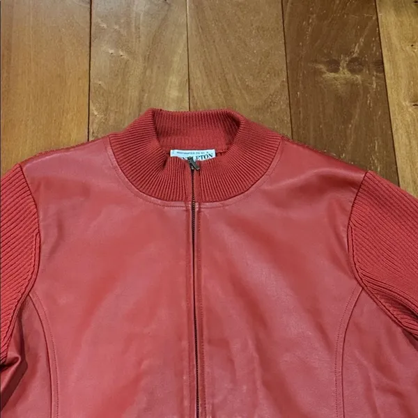 Pendleton Mixed Media‎ Jacket Womens Red Leather Front Merino Wool Zip Large - Image 2
