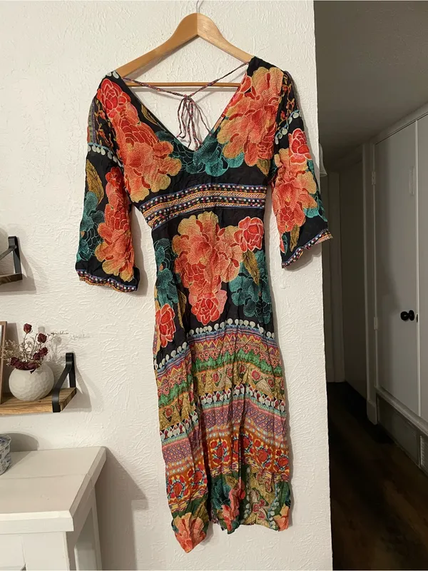 FARM Rio Rosario Black Floral Print Teal Patterned Midi Dress XS - Image 4