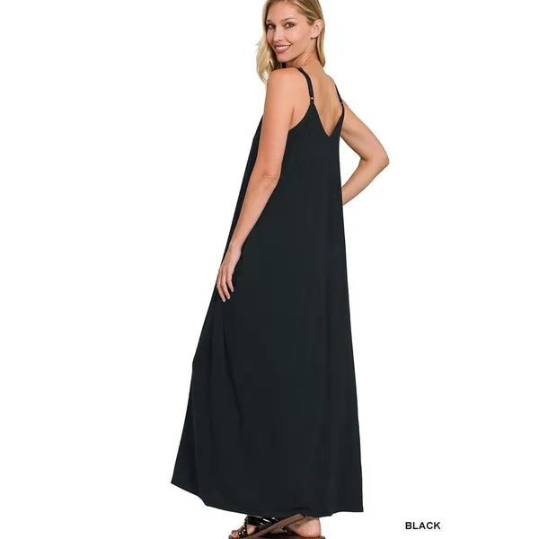 Zenana V-Neck Cami‎ Maxi Dress with Side Pockets - Large - Image 3