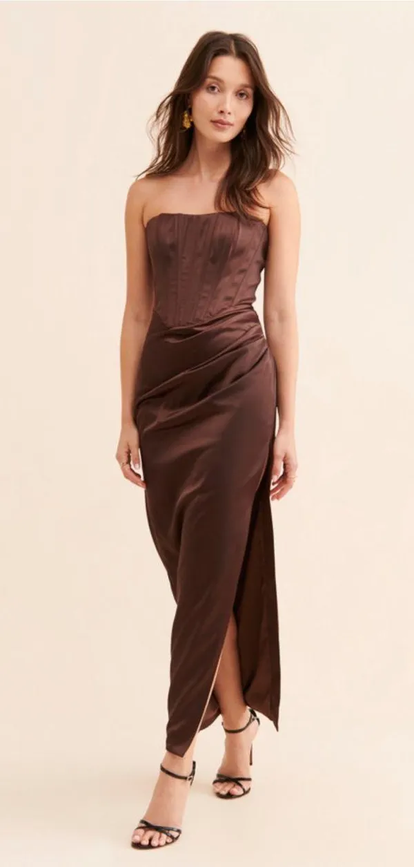 Bardot Everlasting Corset Strapless Satin Gown Chocolate - Image 4