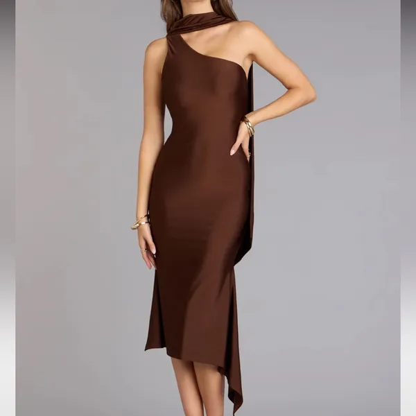 Windsor Brown Satin Mini Dress with Scarf - Image 5