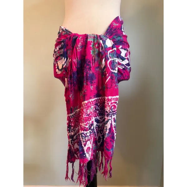 Pineapple Moon Hawaii Tie Dye Sarong Wrap Scarf Pink Purple Rayon Fringed Batik - Image 2