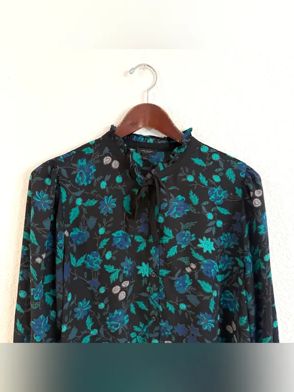 Ann Taylor Womens Shirt Blouse Blue Green Floral Long Sleeve Button Up Large - Image 3