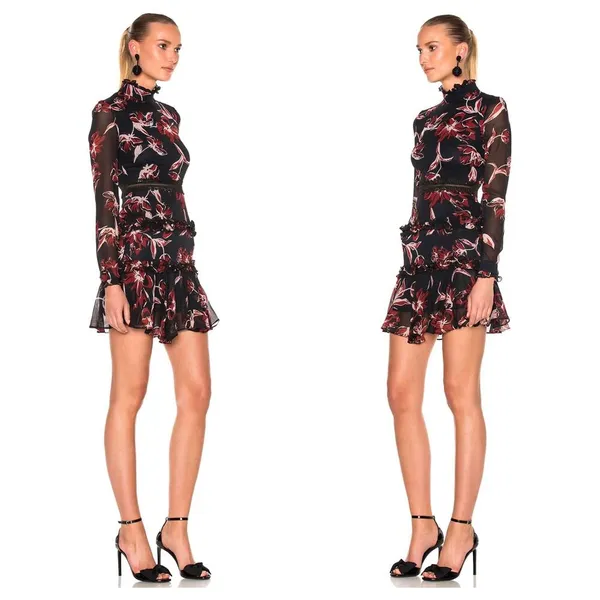 Nicholas French Floral Mini Dress Size 2 Silk Long Sleeve Ruffle Aline High Neck - Image 9