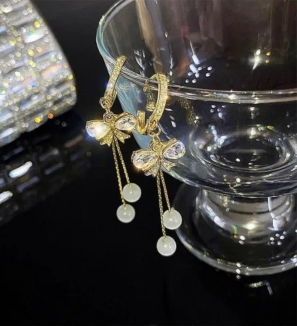 Women's Crystal Bow Tassel Dangle Drop Hoop Earrings Gold - Image 2