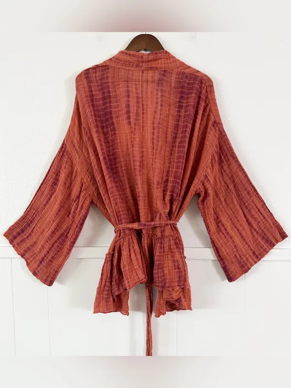 Free People Womens XS/S Tie Dye Kimono Jacket Cotton Gauze Belted Boho Rust - Image 4