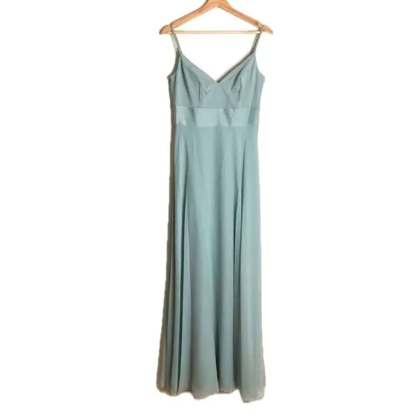David's Bridal Women's Dusty Sage Long Spaghetti V Neck Formal Dress 4 - Image 2