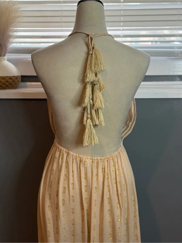 Surf Gypsy Halter Maxi Dress Size M Boho Gold Shimmer Backless Tassel - Image 8