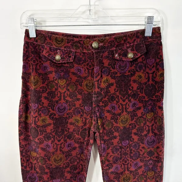 Free People Size 2 Corduroy Flare‎ Pants Burgundy Damask Floral Boho Gothic 1824 - Image 3