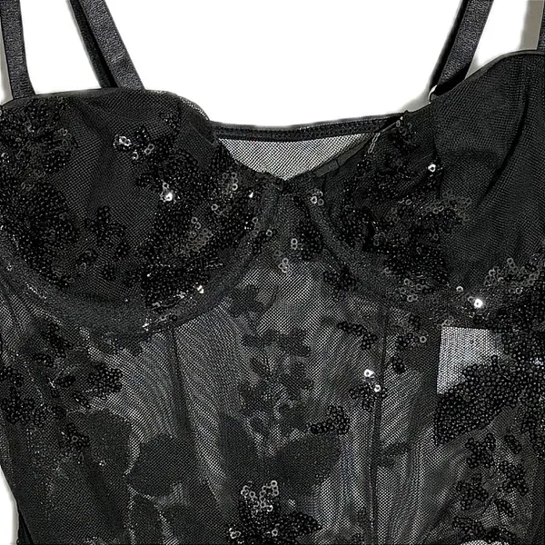 NWT MakeMeChic Sequin Mesh Bodysuit Black Floral Glitter Cami Small - Image 6