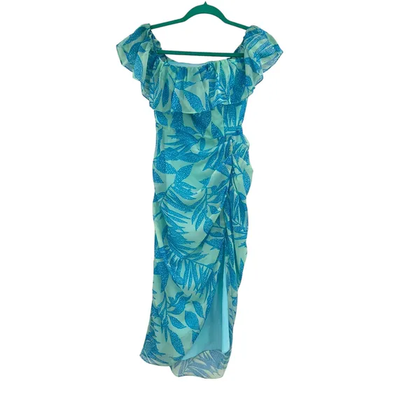 Amanda Uprichard Rosalinda Off-Shoulder Dress Tropical‎ Print Green Blue Size XS - Image 3