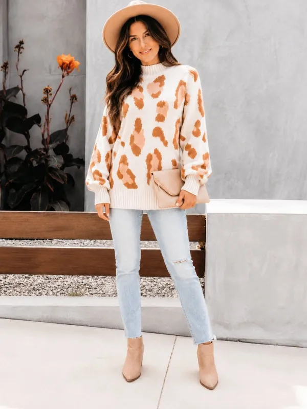 Leopard Print Knit Sweater Lantern Sleeve Pullover Cream Brown NWT Orange Size M - Image 3