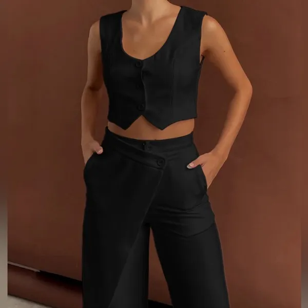 Commense Solid Asymmetrical Straight Leg Pants Set size small Black - Image 2