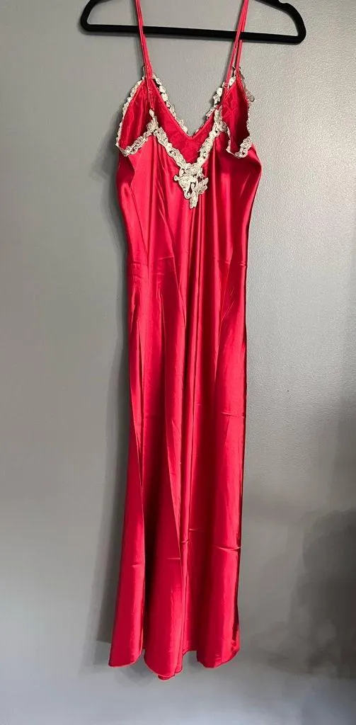 Elegant Vintage Red Satin Maxi Slip Dress Lace Trim Sleepwear Women’s Sz S EUC - Image 4
