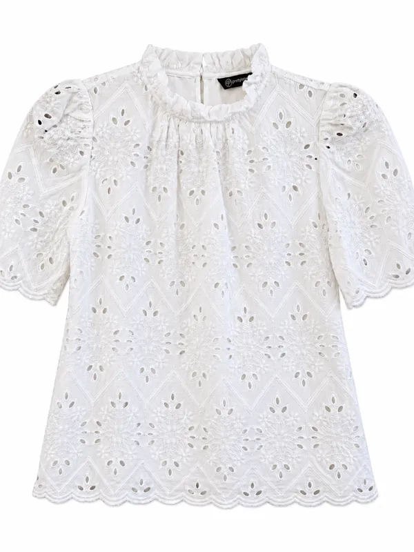 PrettyGarden Womens Small White Eyelet Embroidered Puff Sleeve Ruffle Top - Image 4