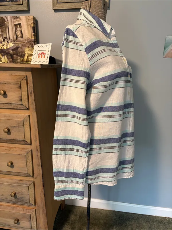 GAP Blue Linen Striped Button-Down Long Sleeve Shirt - Image 3
