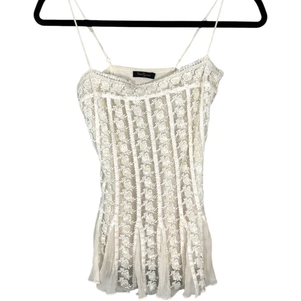 Vintage y2k Babydoll Coquette Ballet Fairy Mesh Floral Lace Silk Blouse Small - Image 4