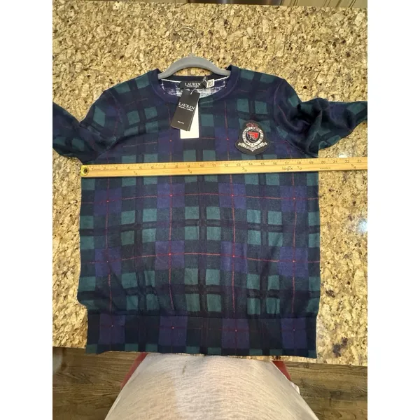 Lauren Ralph Lauren Women Black Watch Plaid Green Sweater Beaded Crest Size PXL - Image 10