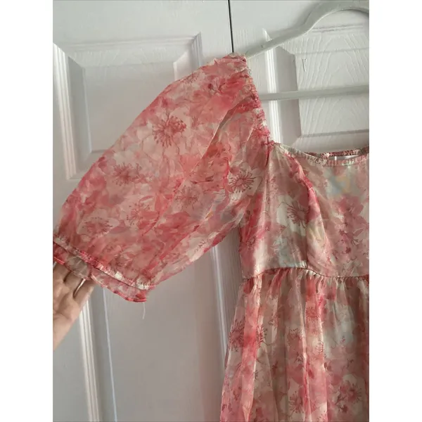 Audrey Parks Francesca's‎ Floral Puff Sleeve Babydoll Dress Womens Size M Pink - Image 2