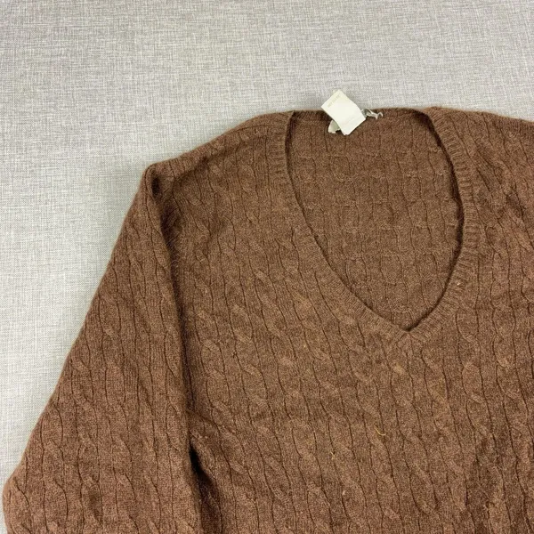 Tweeds Sweater Womens Large Brown V Neck Cable-Knit 100% Cashmere Pullover - Image 3