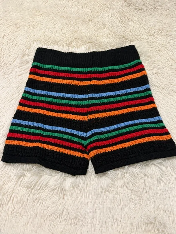 Black Crochet Stripe Knit Shorts - Image 3