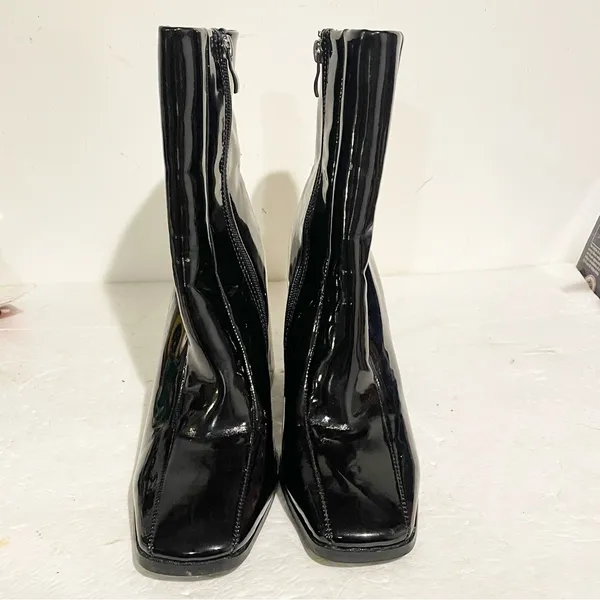 Nasty Gal Size 6 Black Patent Square Toe Flare Heel Boots‎ Zipper Side - Image 3